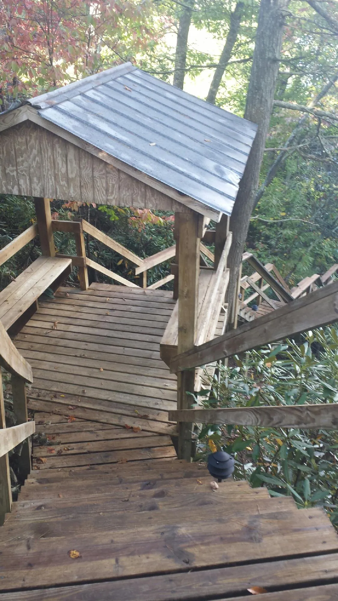 Metal roofed shelter over wooden steps on a wooded walkway — Skylight Repair & Installation work by our crew in Union Springs